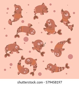 Funny fish collection vector illustration of a flat style.