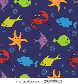 Funny fish and crab children s seamless pattern underwater