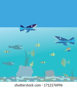 Funny fish of different shapes and colors. Fun underwater life illustration. Ocean depths full of life