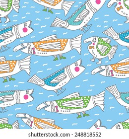 funny fish on a blue background, vector seamless pattern