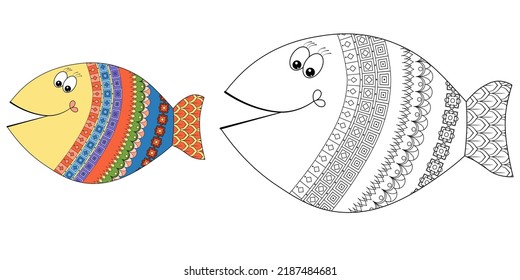 Funny fish on a white background. Decorative element with a doodle pattern. Anti-stress coloring book for children and adults.