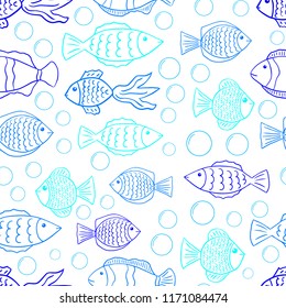Funny fish outline pattern on white background with bubbles