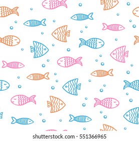 Funny fish outline pattern on white background with bubbles