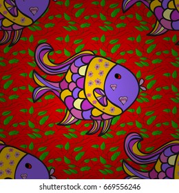 Funny fish outline pattern on colored background with flowers.