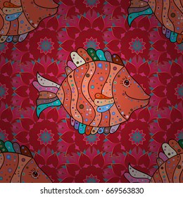 Funny fish outline pattern on colored background. Tropical fishes, sea fish, aquarium fish on red and pink petals fishes background.