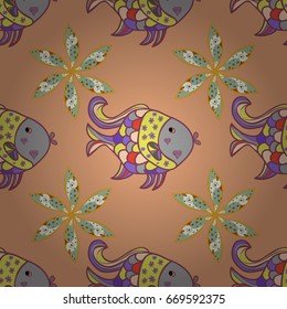 Funny fish outline pattern on colored background with flowers.