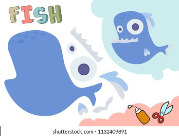 Funny Fish Paper Model. Small home craft project, applique paper game. Cut out and glue. Cutouts for children. Vector template.
