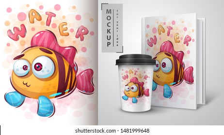 Funny fish poster and merchandising. Vector eps 10