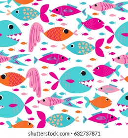 Funny fish samless pattern on isolated white background. Vector pattern. For textile, fabric, Web. For boy and girl. 
