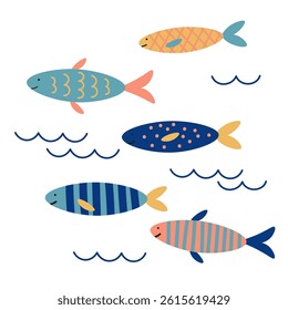 Funny Fish Sardines and Fry in the sea on isolated background. Vector decorative illustration in flat style with marine motif, waves, swimming fishes for sign, label, poster, card, print, paper, flyer