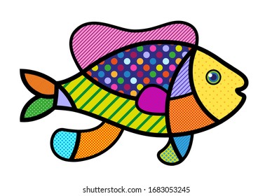 FUNNY FISH sea life Modern colourful pop art graphic element for your design. Vector artistic illustration in pop-art kids drawing comic style.