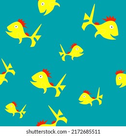 Funny fish seamless vector pattern. Smiling yellow shark on a green background