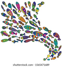 Funny fish spread out in a wave from one point. Bright color vector print.