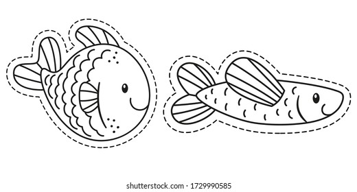 Funny fish sticker. Cute children's character for use on children's products, like print, sticker. Fish of different shapes-round and elongated, smiling.