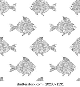 Pescado gracioso al estilo de garabato sobre fondo blanco. Patrón vectorial monocromo.