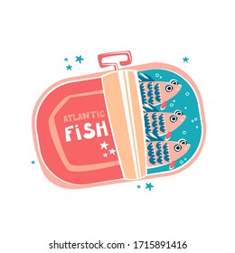 Funny fish in tin. Canned food. Isolated cartoon illustration for kids game, book, t-shirt, textile, prints, kids products, cards, posters, packaging, apparel