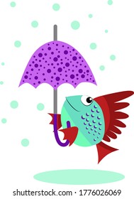 Funny fish under the umbrella on white background. Cartoon character. Flat color vector illustration