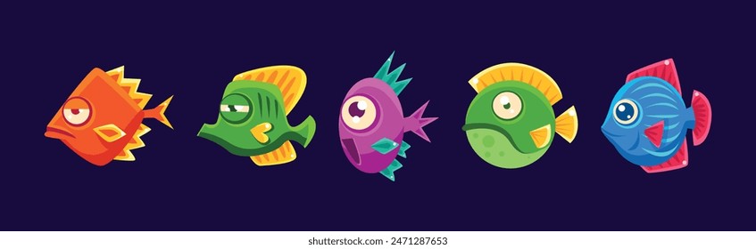 Funny Fish in Underwater World as Marine Life Vector Set