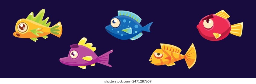 Funny Fish in Underwater World as Marine Life Vector Set