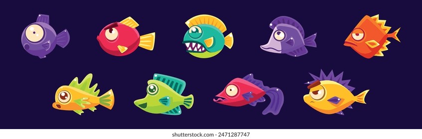 Funny Fish in Underwater World as Marine Life Vector Set