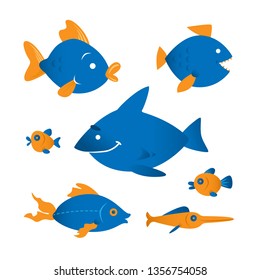 Funny fish vector characters. Marine life vector collection design. Colorful coral reef tropical fish collection isolated on white background. 