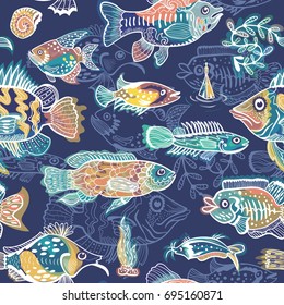 Funny Fish Vector Pattern
Seamless sketch texture with bright colorful glowing sea characters on blue background