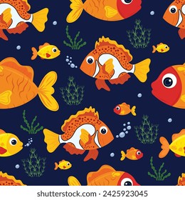 Funny fish and water plants pattern on dark blue background. Sea cartoon theme. For wallpaper, book characters, prints.