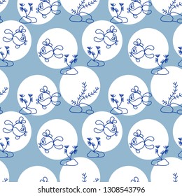 Funny fish and water plants. Seamless pattern background of large polka dots. Vector