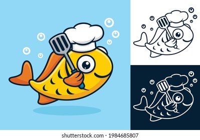 Funny fish wearing chef hat holding spatula. Vector cartoon illustration in flat icon style