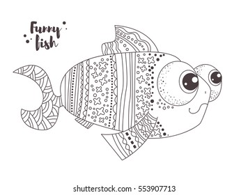 Funny fish. Zentangle style. Coloring book for adult and kids, antistress coloring pages. Hand drawn vector isolated illustration on white background. Henna mehendi, tattoo sketch
