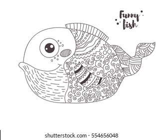Funny fish. Zentangle style. Coloring book for adult and kids, antistress coloring pages. Hand drawn vector isolated illustration on white background. Henna mehendi, tattoo sketch.