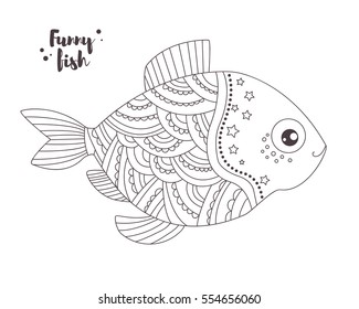 Funny fish. Zentangle style. Coloring book for adult and kids, antistress coloring pages. Hand drawn vector isolated illustration on white background. Henna mehendi, tattoo sketch.