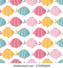 Funny fishe seamless pattern. Vector colorful characters in hand-drawn cartoon scandinavian style. Ideal for baby textiles, clothing, wallpaper, packaging, etc.