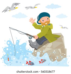 Funny fisherman or Fisher in green coat and hat with fishing rod on a rock near the sea. Waving by hand. Children vector illustration.