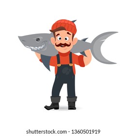 Funny fisherman with a huge fish. Vector illustration isolated on white background for pirate party, games and much more.