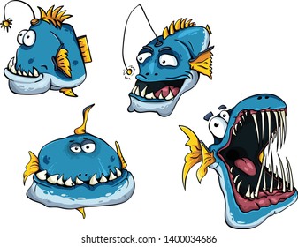 Funny fishes - animated blue angler with big toothy jaw 