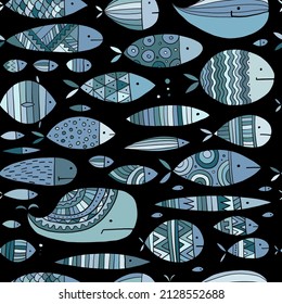 Funny fishes collection, ethnic ornament. Childish style. Seamless pattern for your design