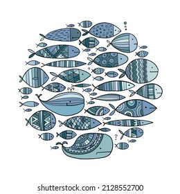 Funny fishes collection, ethnic ornament. Childish style. Art circle frame for your design