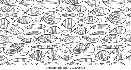 Funny fishes collection, ethnic ornament. Childish style. Seamless pattern for your design