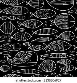 Funny fishes collection, ethnic ornament. Childish style. Seamless pattern for your design