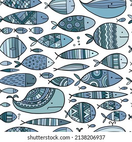 Funny fishes collection, ethnic ornament. Childish style. Seamless pattern for your design