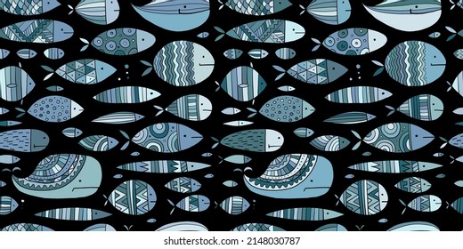 Funny fishes collection, ethnic ornament. Childish style. Seamless pattern for your design