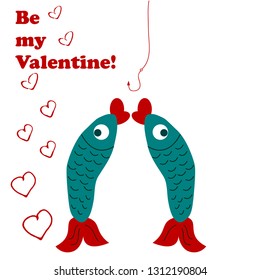 Funny fishes hand drawn flat color illustration. Be my Valentine! Cute fishes and fishing hook cartoon character. Hand drawing. Valentine greeting card design. Valentine's Day
