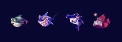 Funny Fishes Predators With Sharp Teeth Color Vector Icon Big Set. Scary Underwater Preying Animals Illustrations Pack On Dark Blue Background