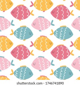 Patrón de peces divertidos sin fisuras. Personajes de colores vectores al estilo escandinavo de dibujos hechos a mano. Ideal para tejidos para bebés, ropa, papel pintado, embalaje, etc.