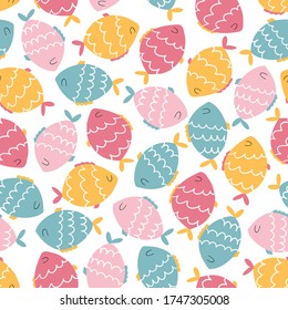 Funny fishes seamless pattern. Vector colorful characters in hand-drawn cartoon scandinavian style. Ideal for baby textiles, clothing, wallpaper, packaging, etc.