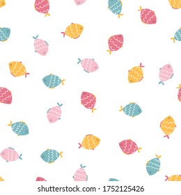 Funny fishes seamless pattern. Vector colorful characters in hand-drawn cartoon scandinavian style. Ideal for baby textiles, clothing, wallpaper, packaging, etc.