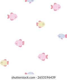 Peixes engraçados padrão sem costura. Personagens coloridos vetores em estilo escandinavo desenhado à mão. Ideal para tecidos de bebê, roupas, papel de parede, embalagens, etc.