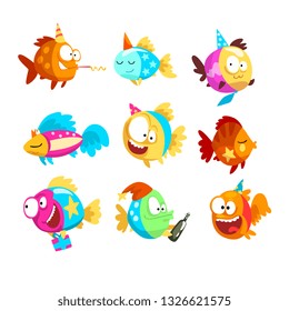 Funny fishes set, little colorful sea creatures characters, marine theme design elements can be used for kids party invitation, greeting card vector Illustration