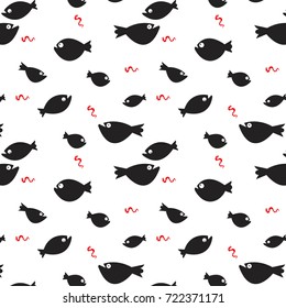 Funny fishes and worms pattern over white background. Vector illustration